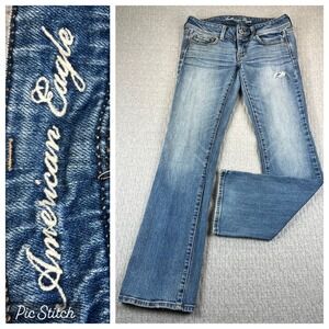 American Eagle Slim Bootcut Dress Jeans Women 6/28X32 lowrise Stretch Distressed